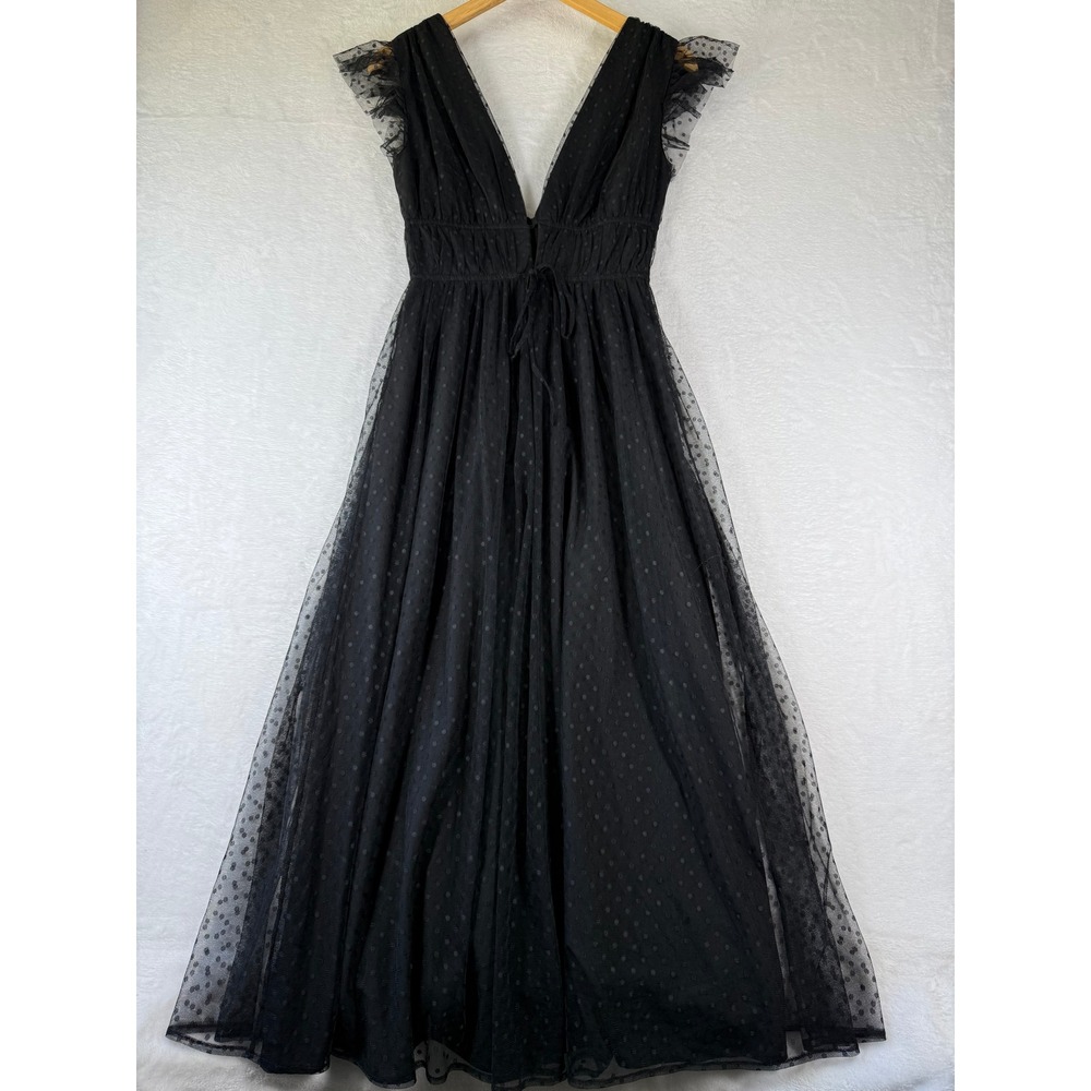 Lulus Black Swiss Dot Tulle Maxi Dress XS Ruffle Deep V-Neck Smocked Waist‎